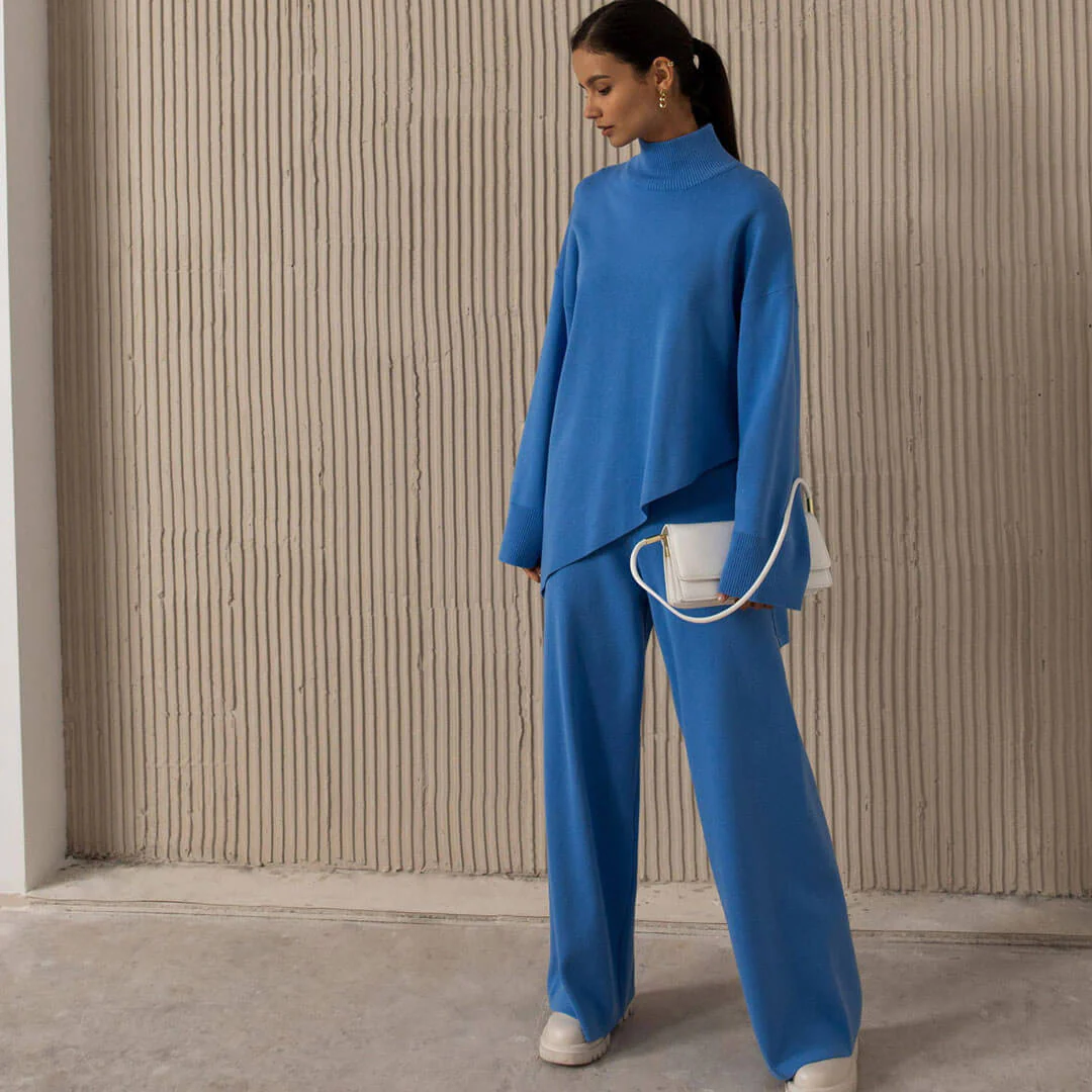 Asymmetric High Neck Bell Sleeve Sweater Wide Leg Pants Matching Set - Royal Blue - Image 2