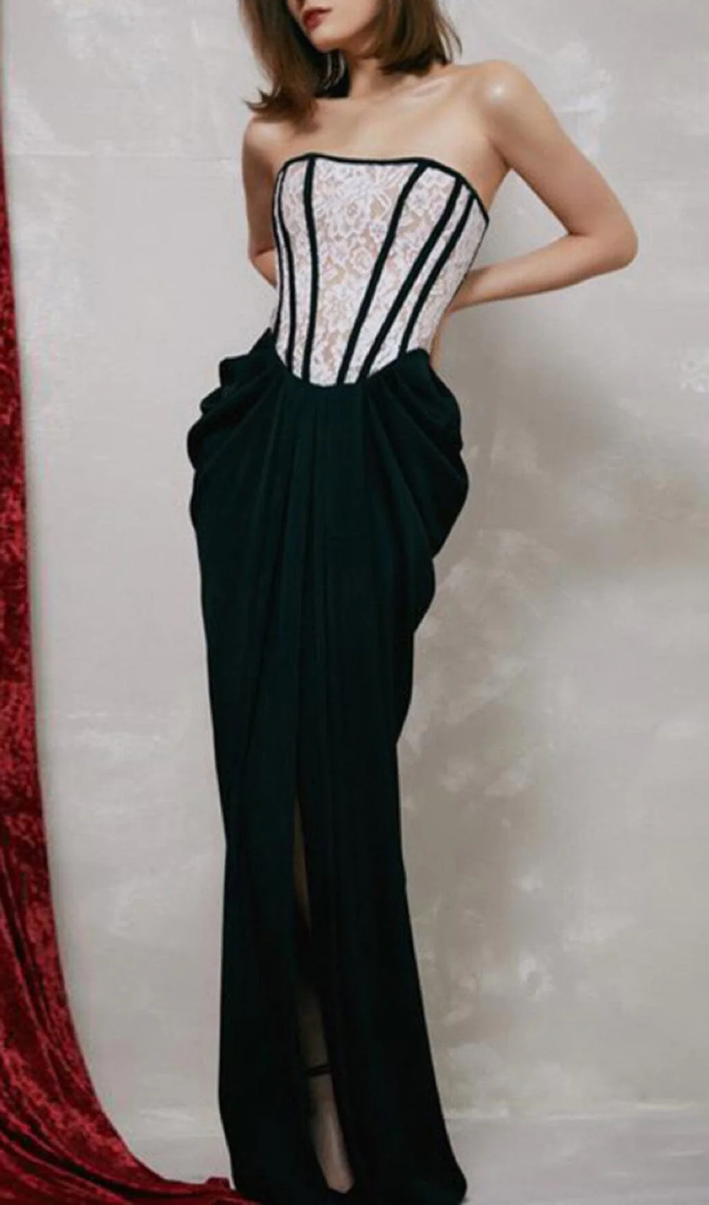Bandeau Lace Stitched Dress in Black