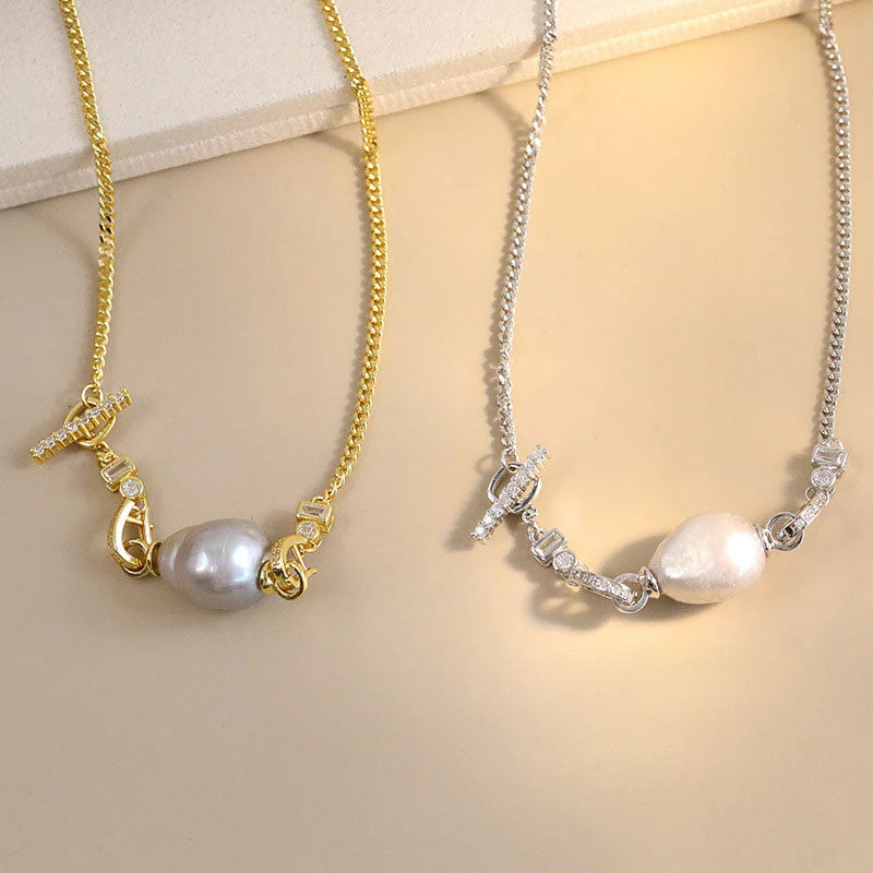Baroque Freshwater Pearl Cubic Zirconia Smile Cuban Link Chain NeckLace - Image 3