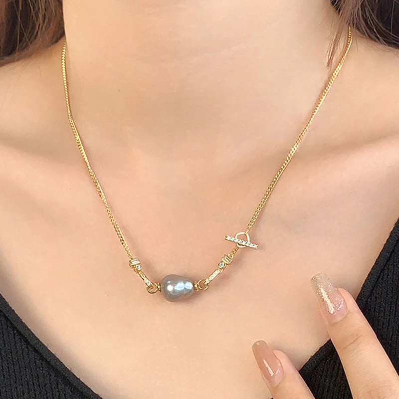 Baroque Freshwater Pearl Cubic Zirconia Smile Cuban Link Chain NeckLace - Image 4