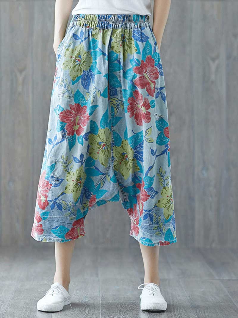 Close Your Eyes Ethnic Style Ripped Printed Yesterday's Crope Denim Pant