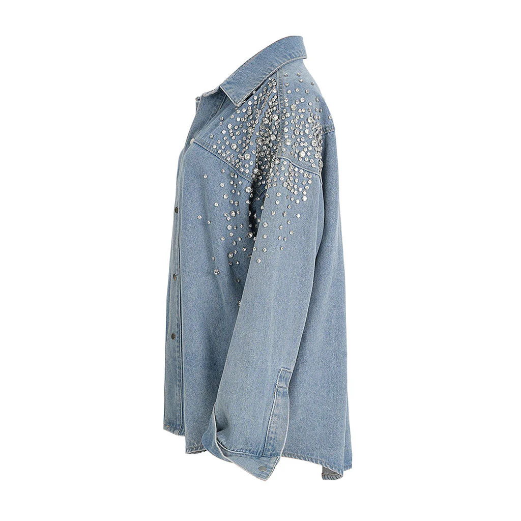 Glittering Rhinestone Long Sleeve Collared Button Front Oversized Denim Shirt - Image 2