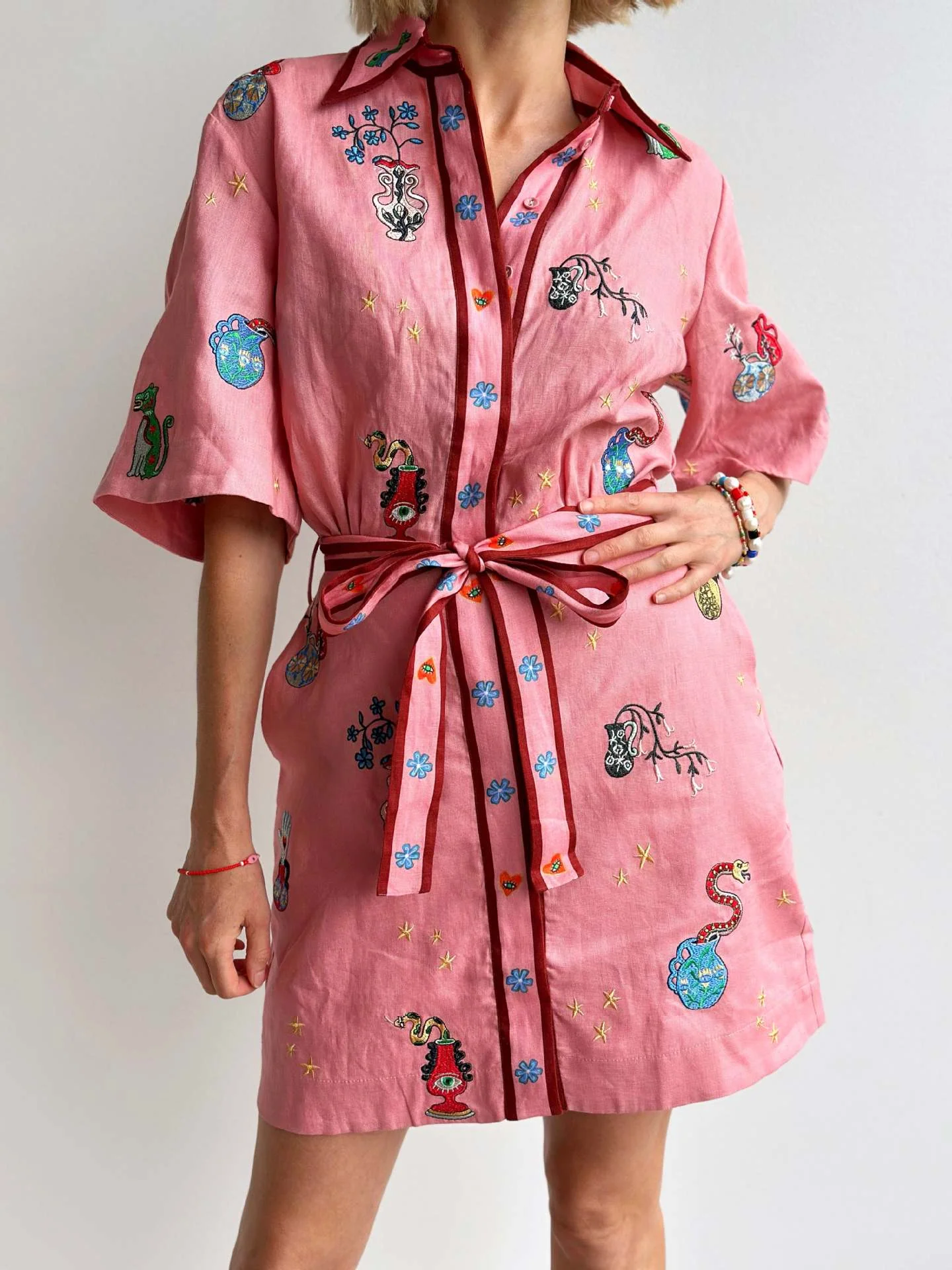 Linen Button-Down Collar Print Dress