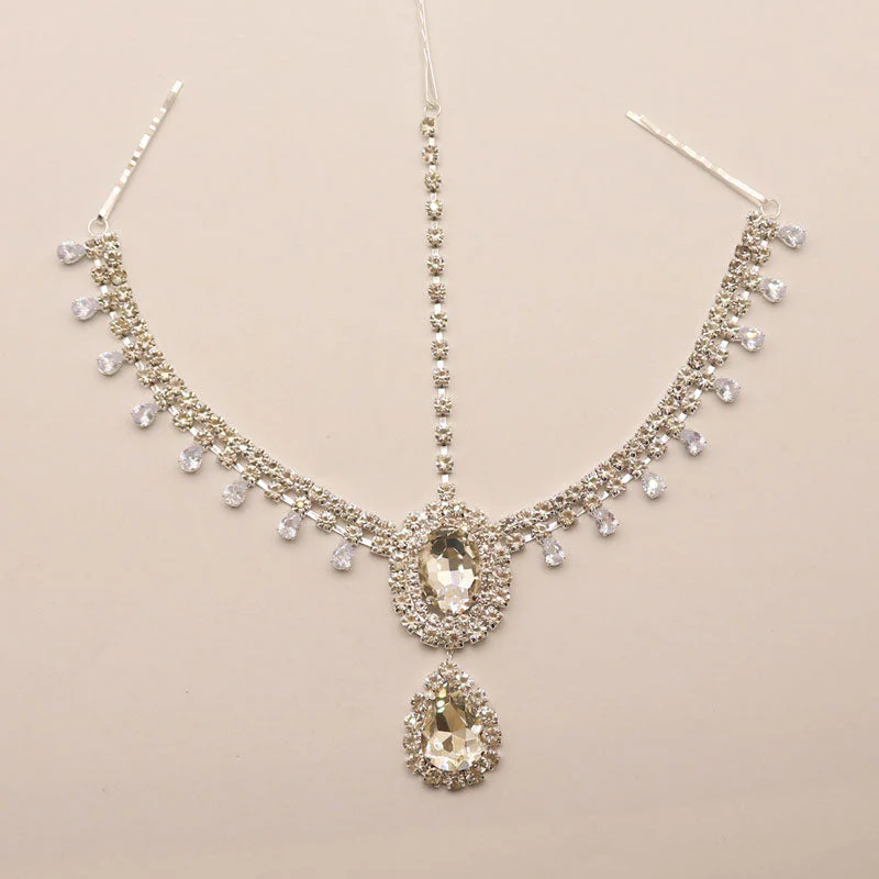 Luxurious Teardrop Gem Detail Rhinestone Embellished Head Chain - Silver
