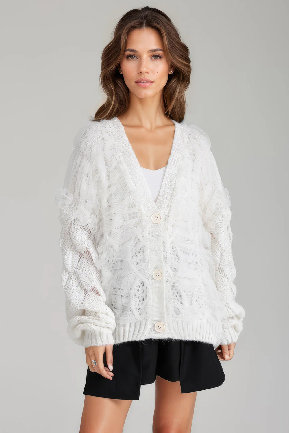 Open Knit Buttoned Cardigan - White