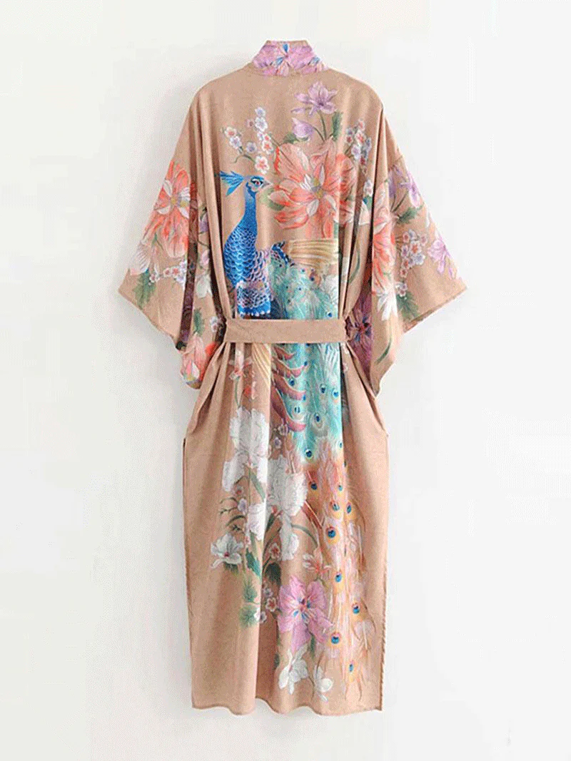 Partywear Cotton, Viscose & Silk Mix Peacock King Floral & Bird Print Camel Color Long Length Gown Kimono Duster Robe - Image 2