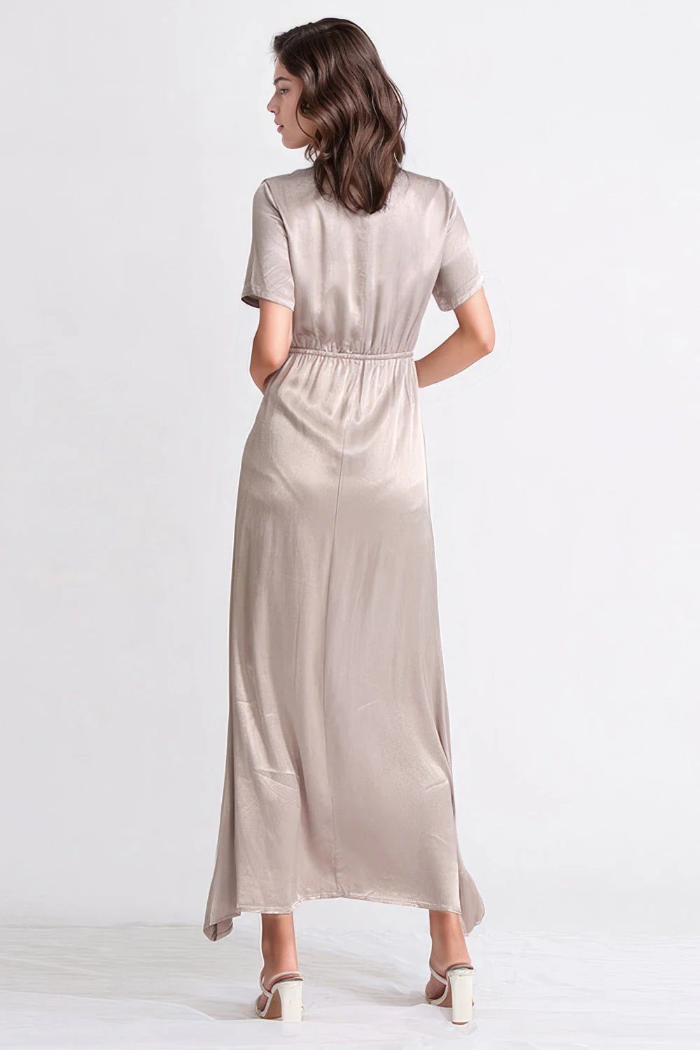 Satin Maxi Dress with Short Sleeves - Beige