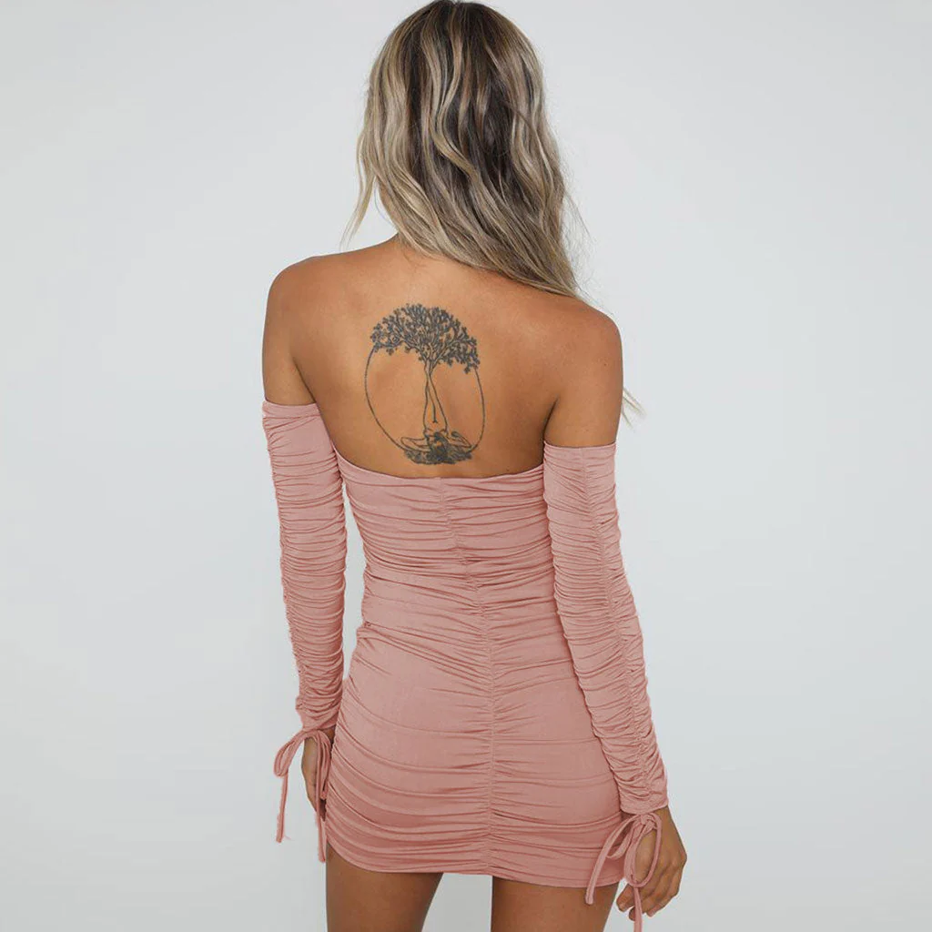 Off Shoulder Long Sleeve Ruched Party Mini Dress - Blue - Image 3