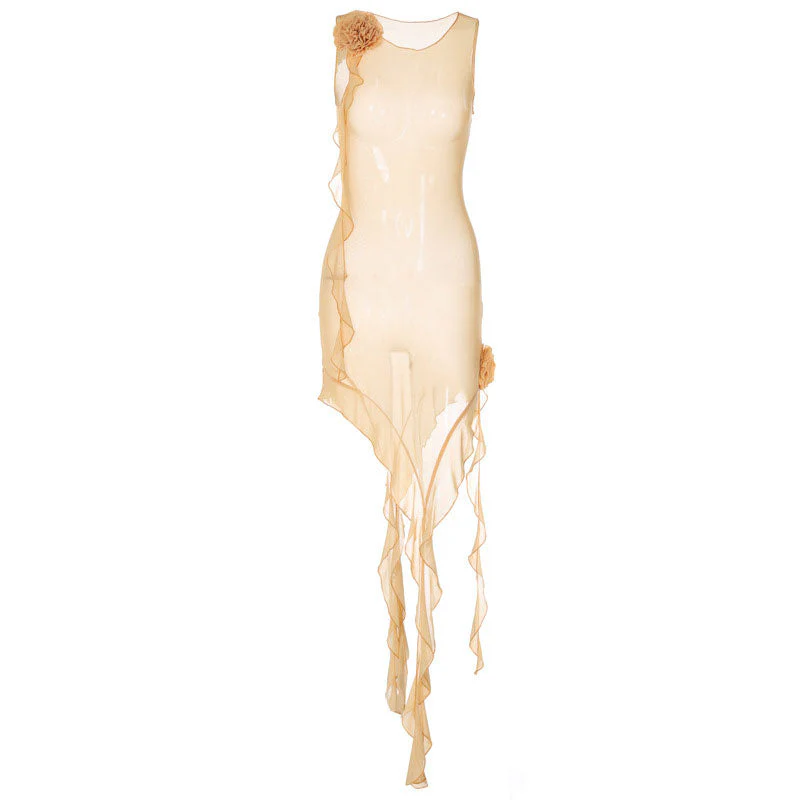 Sheer Mesh 3D Flower Ruffle Trim Sleeveless Club Dress - Blue - Image 3