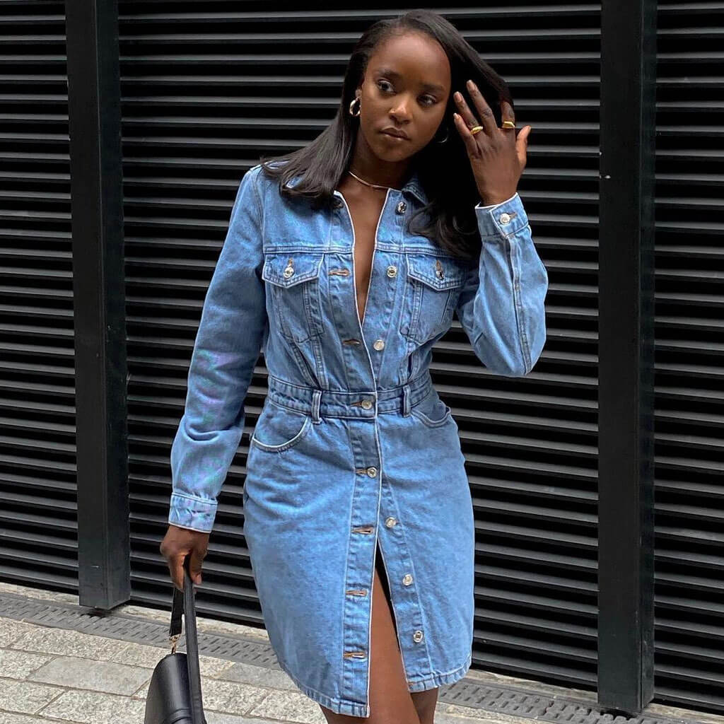 Street Style Button Down Long Sleeve Denim Midi Dress - Blue - Image 2