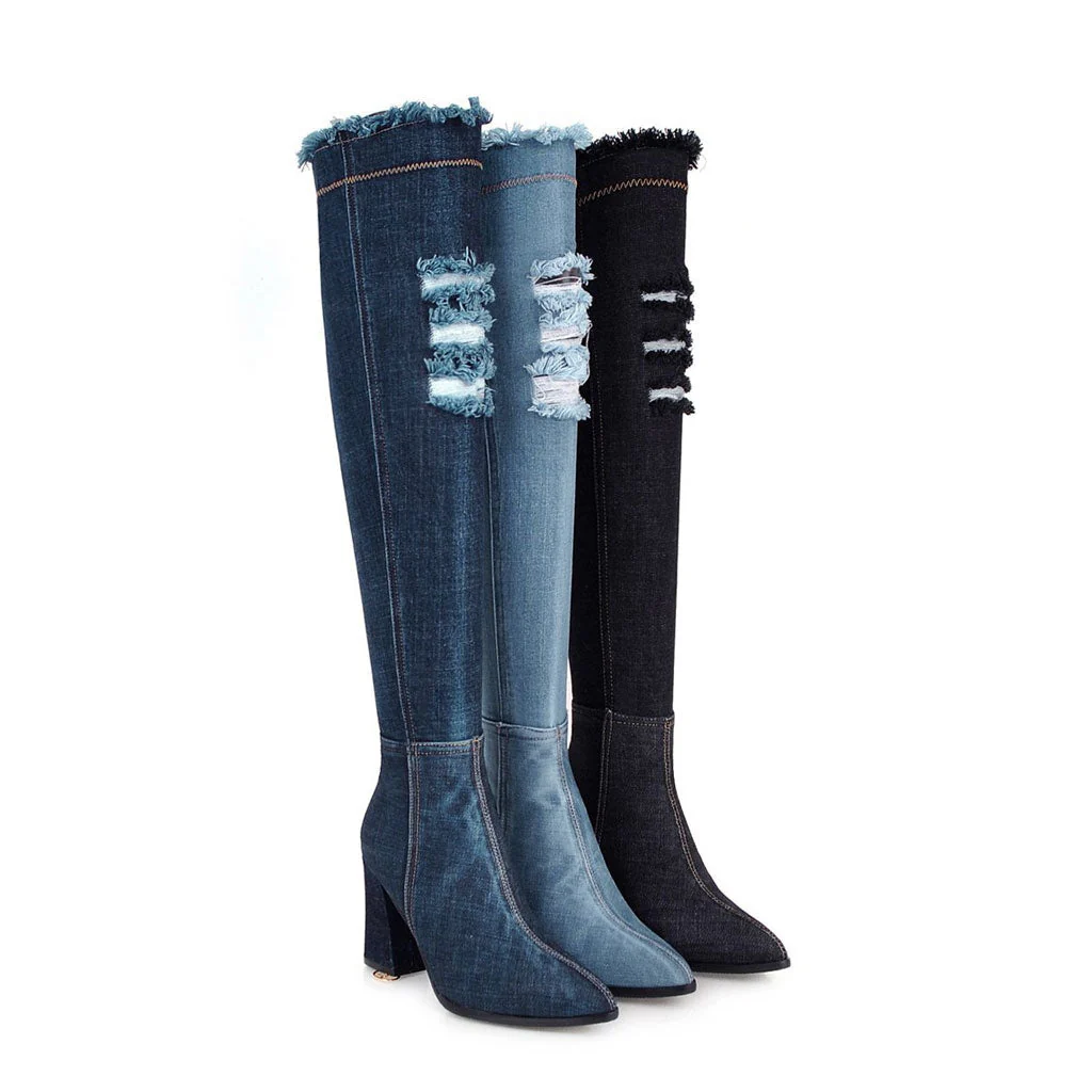 Stylish Distressed Denim Over Knee Pointed Toe Block Heel Boots - Dark Blue - Image 3