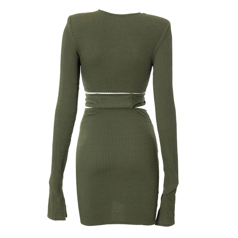 Stylish Smocked Long Sleeve Twist Cutout Skirt Matching Set - Green - Image 4