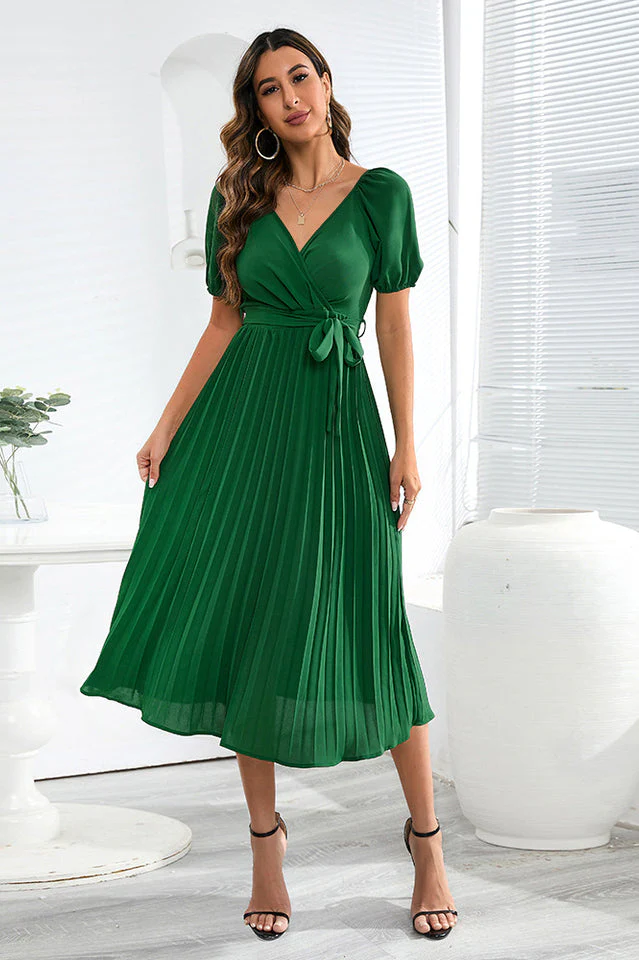 V-Neck Pleated Tie-Waist Midi Dress - Image 10