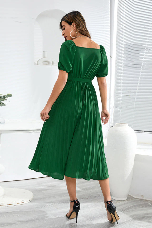 V-Neck Pleated Tie-Waist Midi Dress - Image 12
