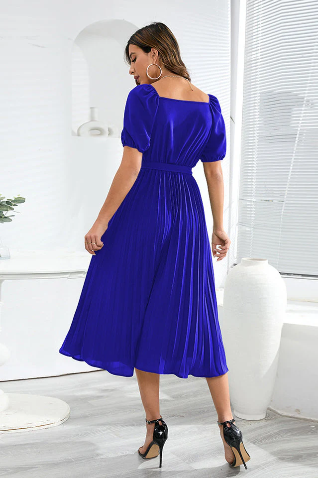 V-Neck Pleated Tie-Waist Midi Dress - Image 2