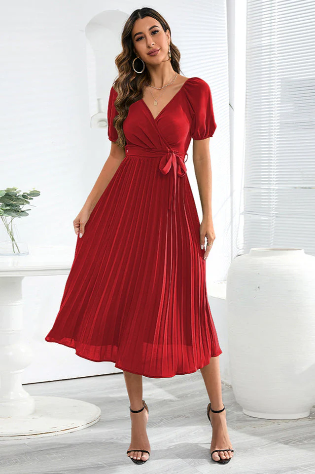 V-Neck Pleated Tie-Waist Midi Dress - Image 4