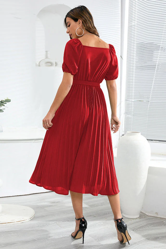 V-Neck Pleated Tie-Waist Midi Dress - Image 5