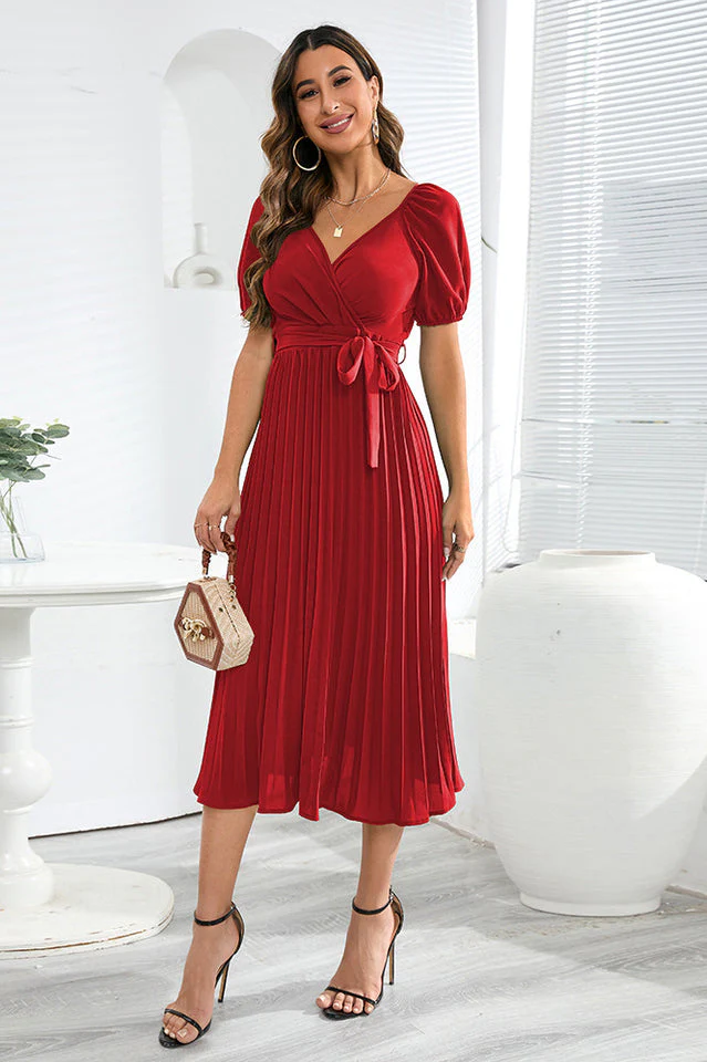V-Neck Pleated Tie-Waist Midi Dress - Image 6