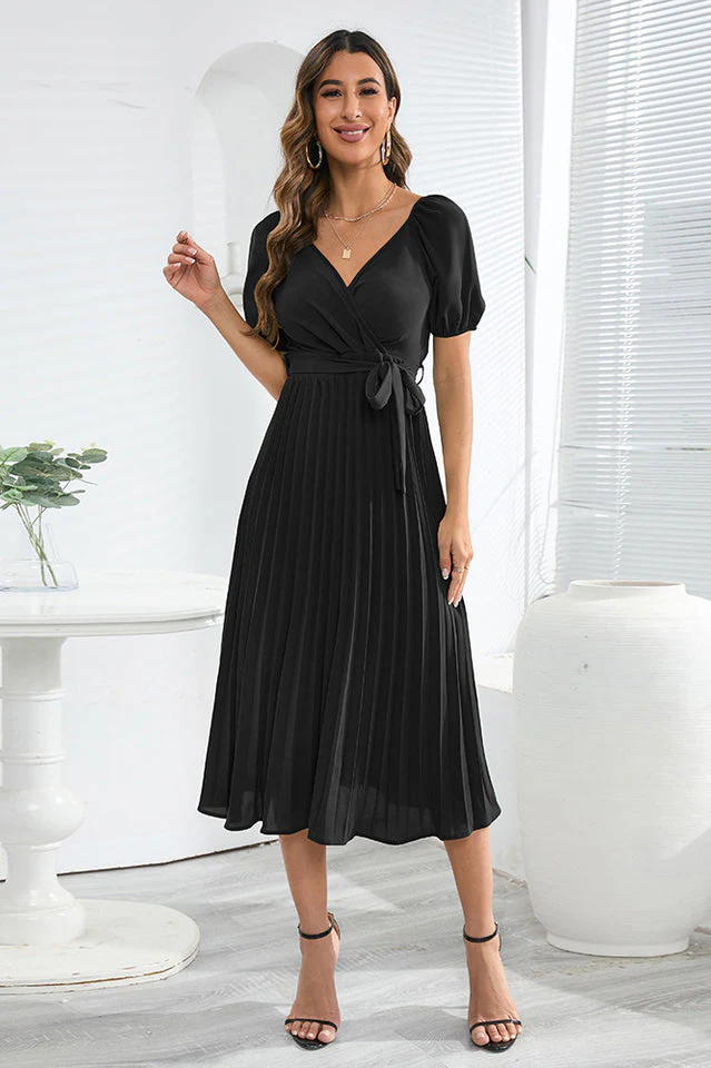 V-Neck Pleated Tie-Waist Midi Dress - Image 7