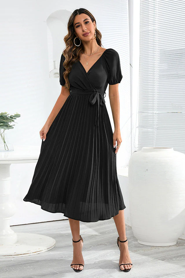 V-Neck Pleated Tie-Waist Midi Dress - Image 8