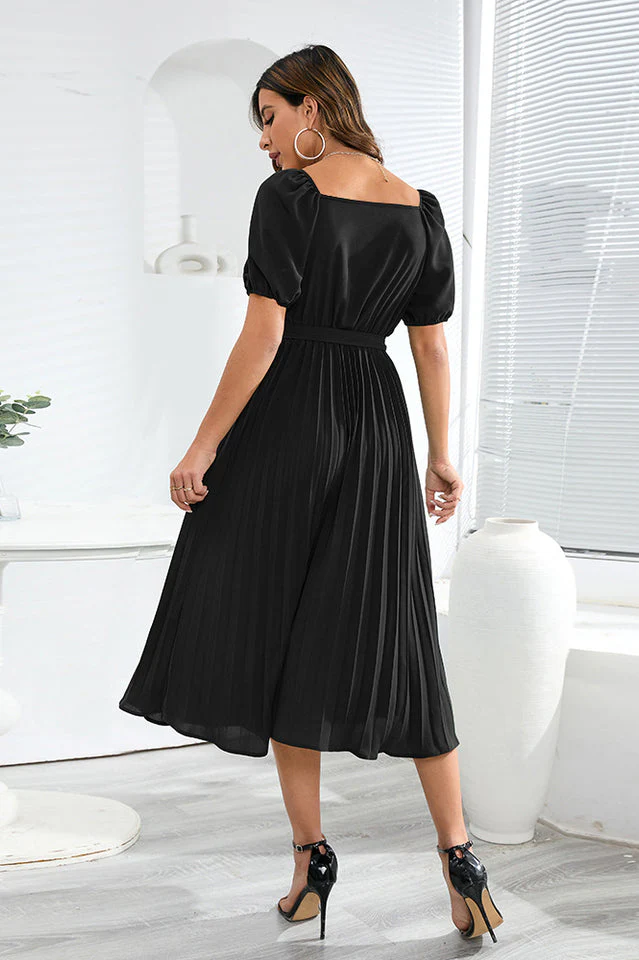 V-Neck Pleated Tie-Waist Midi Dress - Image 9