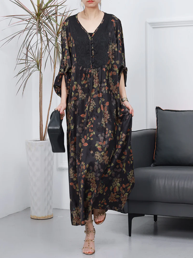 Women Retro Style Loose Printed Long Sleeves A-Line Dress - Image 3